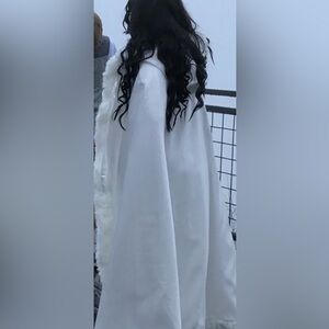 Elegant White Satin Hooded Cape with Faux Fur Trim.